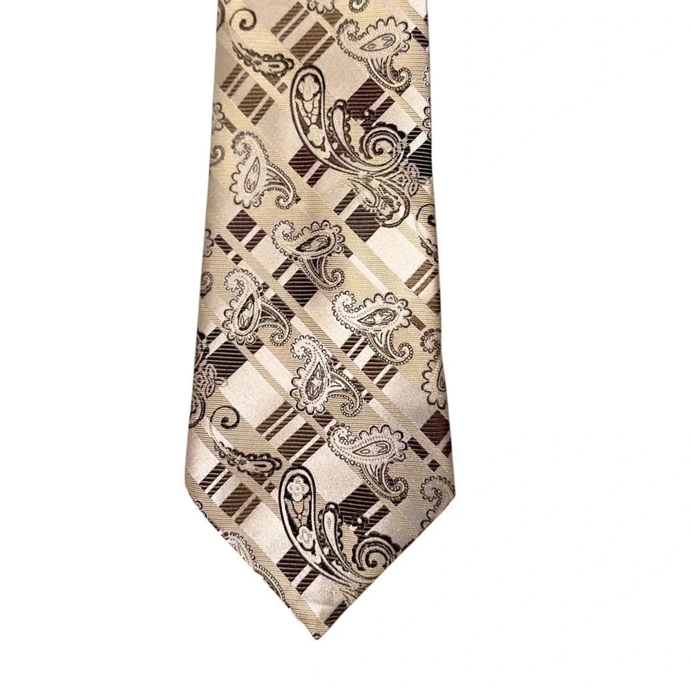 Vtg Kai Long Mens Tie Handmade Silk Champagne Gold Paisley Necktie 58x3.75”
